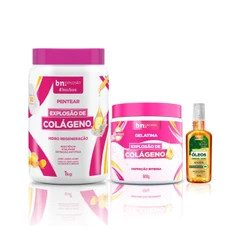Kit Creme de Pentear, Gelatina Explosão de Colágeno, Óleo de Abacate e Oliva 55ml bn.Cachos