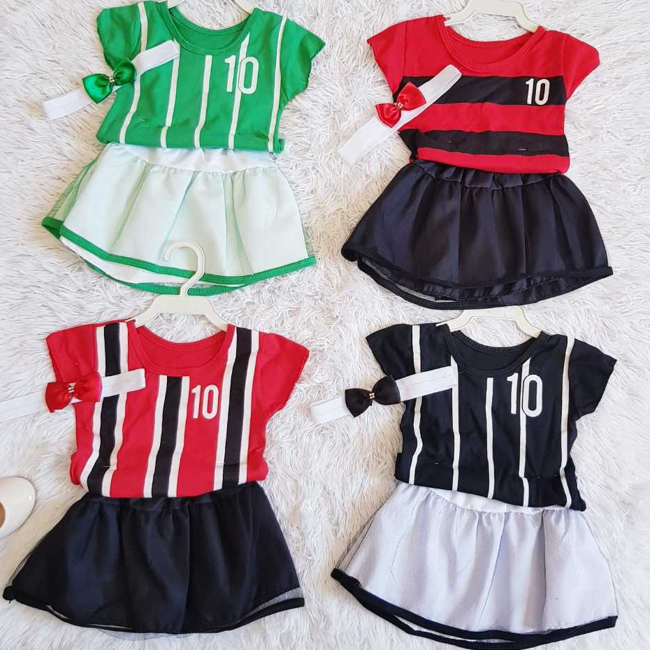 Camisa e Saia Futebol Time de Futebol Bebê Menina Uniforme Time Mêsversário Temático Bebê Menina Time 6 a 12 mese