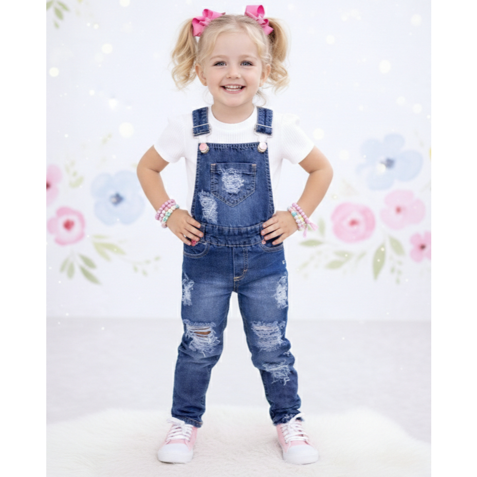 Jardineira Macacão Infantil Menina Mini Diva Blogueirinha Efeito Destroyed Ajustável Fashion Look
