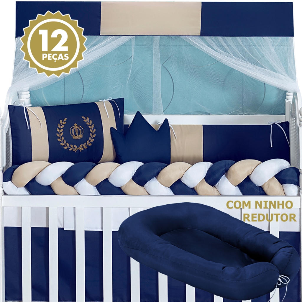 Kit 12 peças Protetor Berço + Ninho Redutor Coroa Realeza Marinho- Padrão Americano e Normal