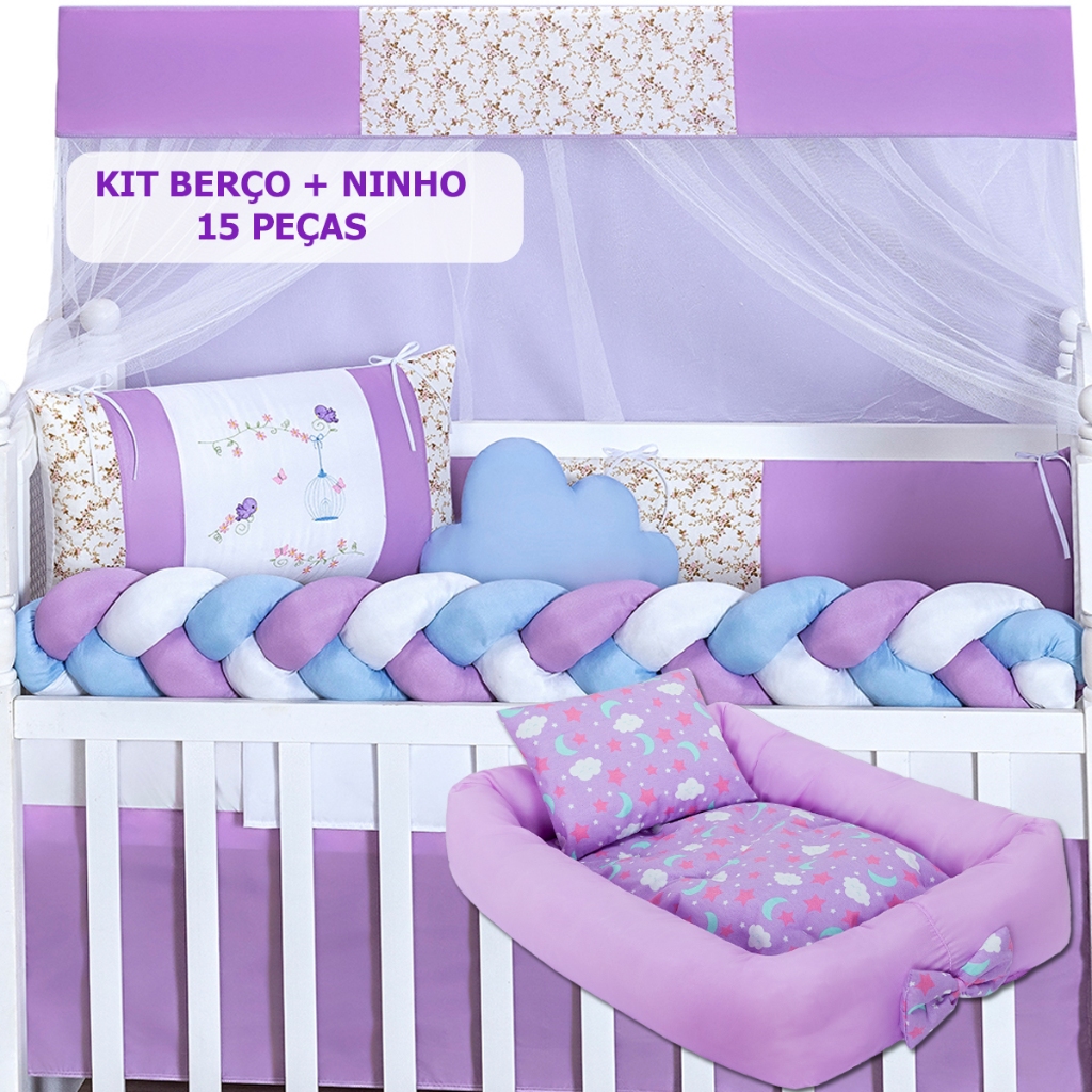Kit Berço Jardim Lilás com Ninho Redutor | 15 Peças Padrão Americano