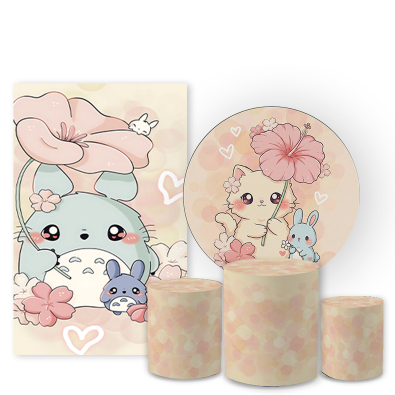 Capa Painel Redondo 1.50m  +  Trio Cilindro Kit Festa Infantil Gatinho Cute Animalzinhos Veste Facil