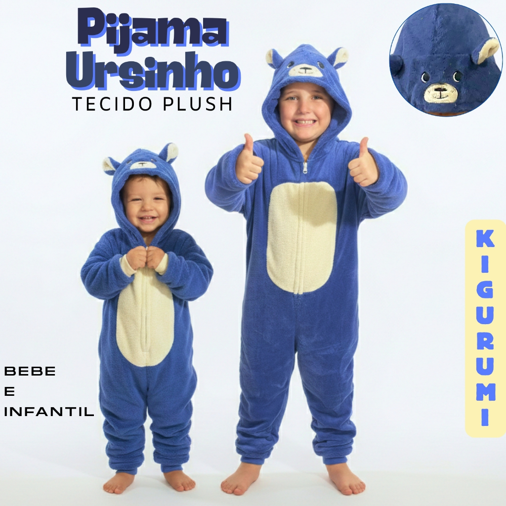 Pijama Fofinho Macacão Urso Azul Kigurumi Cosplay Menino Original Infantil Juvenil