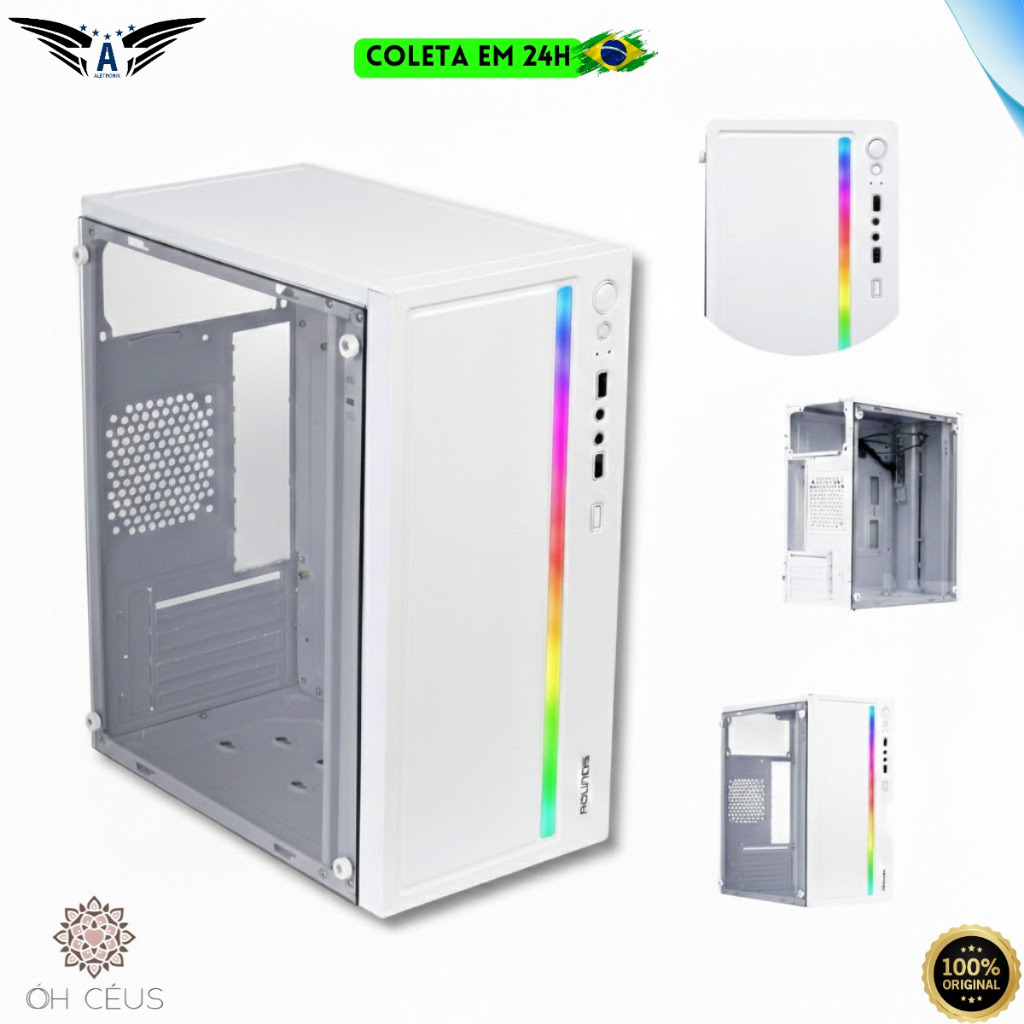 Gabinete Gamer Rounds5 Viper Branco Com LED RGB Edição White Clean Compacto Lateral De Vidro Sem Fan