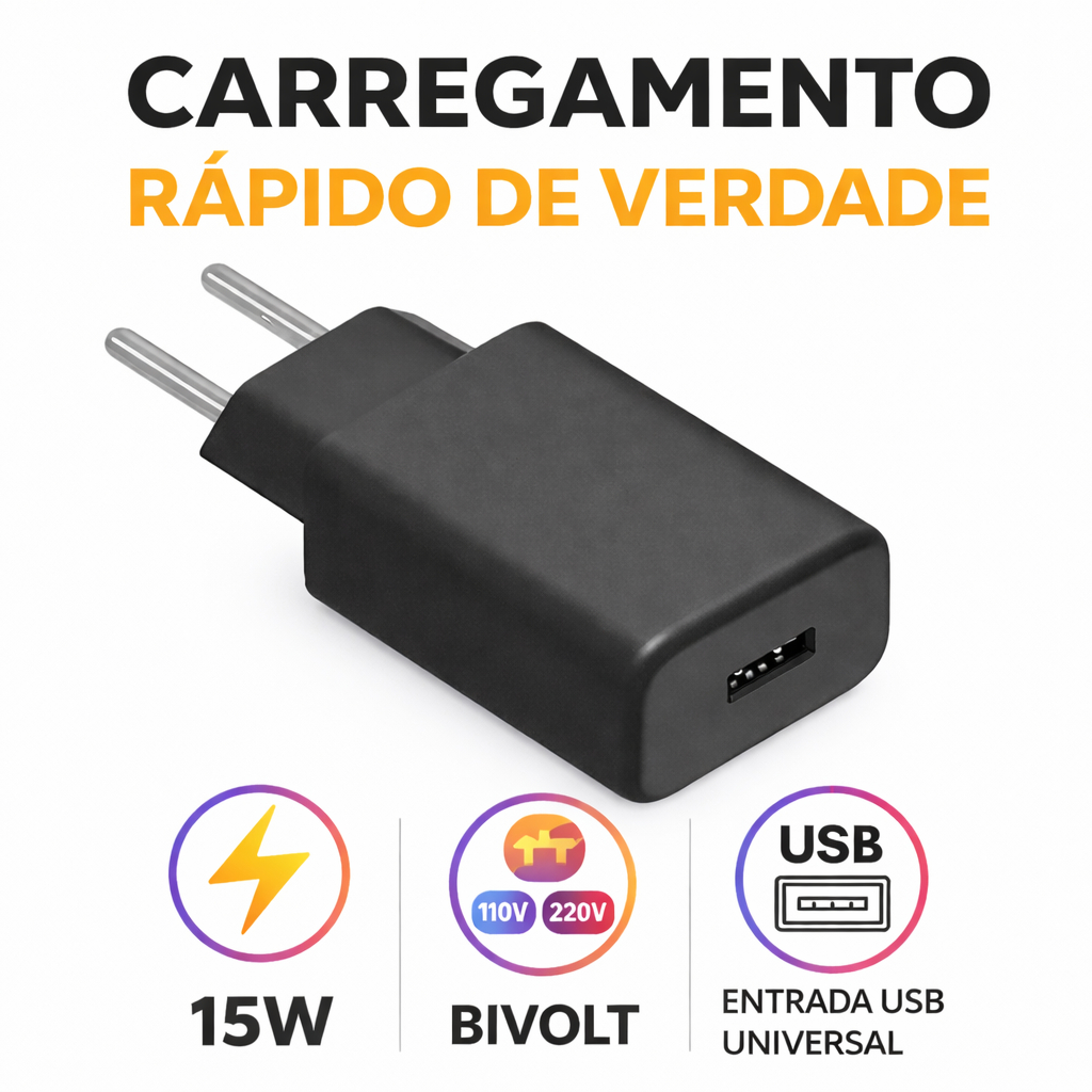 Carregador para Celular Turbo 3A Bivolt Rápido  Seguro | Carregador Turbo Tipo Celular - Entrada USB