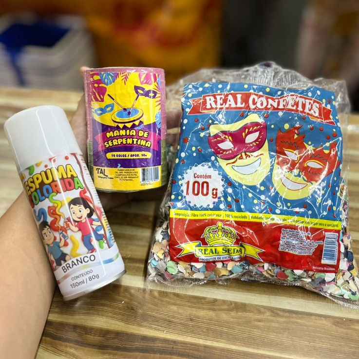 Kit Carnaval 3 Itens – Confete + Serpentina + Spray de Espuma