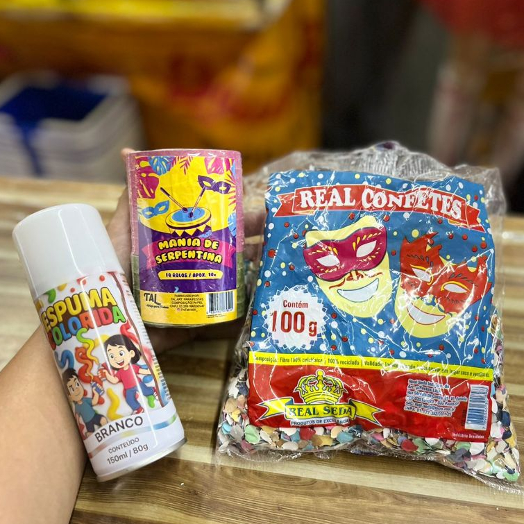Kit Carnaval 3 Itens – Confete + Serpentina + Spray de Espuma EF