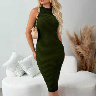 Vestido Feminino Midi Vestidos Tricot Tubinho Canelado Modal Roupa Feminina Elegante Sem Manga em Oferta na Shopee
