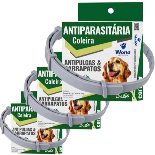 Kit 3 Coleiras Dugs Antipulgas e Carrapatos p/Cães 17g c/ 56cm- World Veterinária em Oferta na Shopee