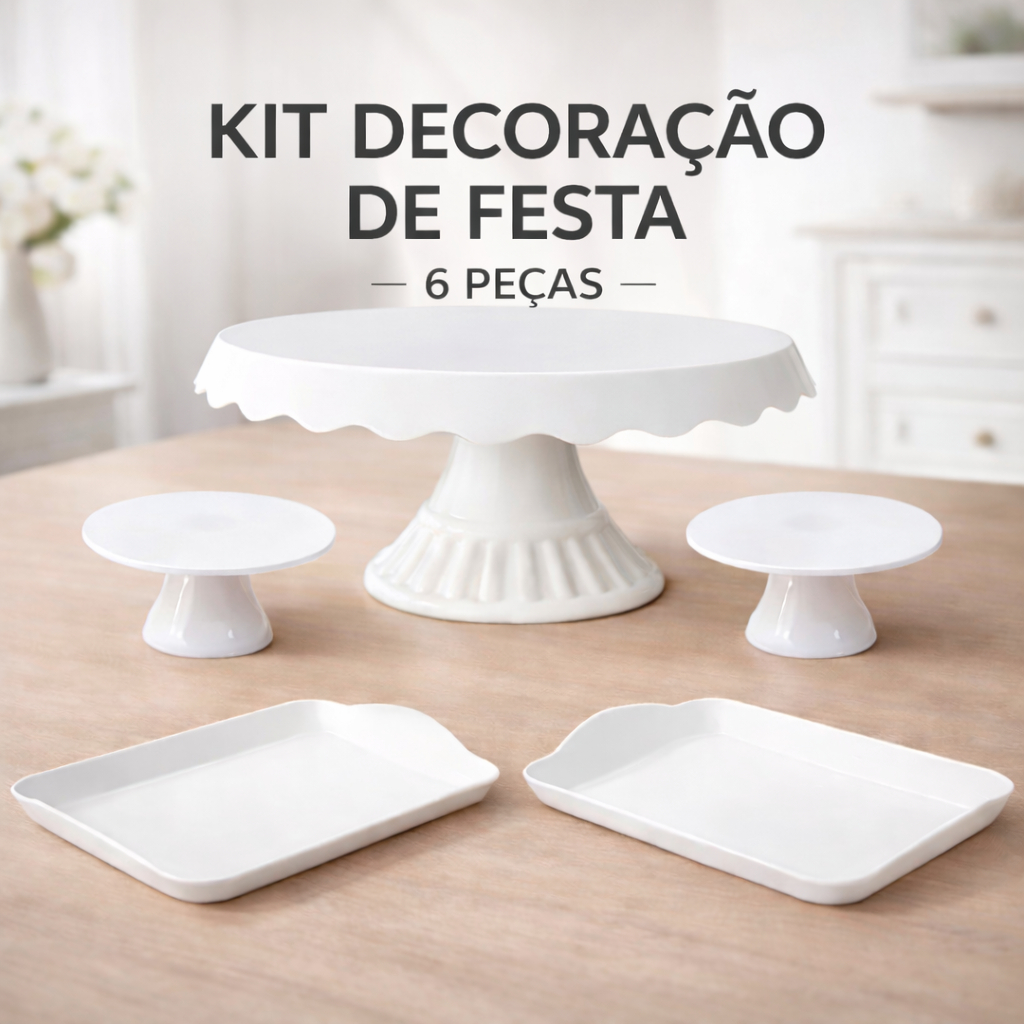 Kit Decoração De Festa 1 Boleira Redonda 22cm + 2 Mini Cake + 2 Bandejas Prato De Doces Bolo