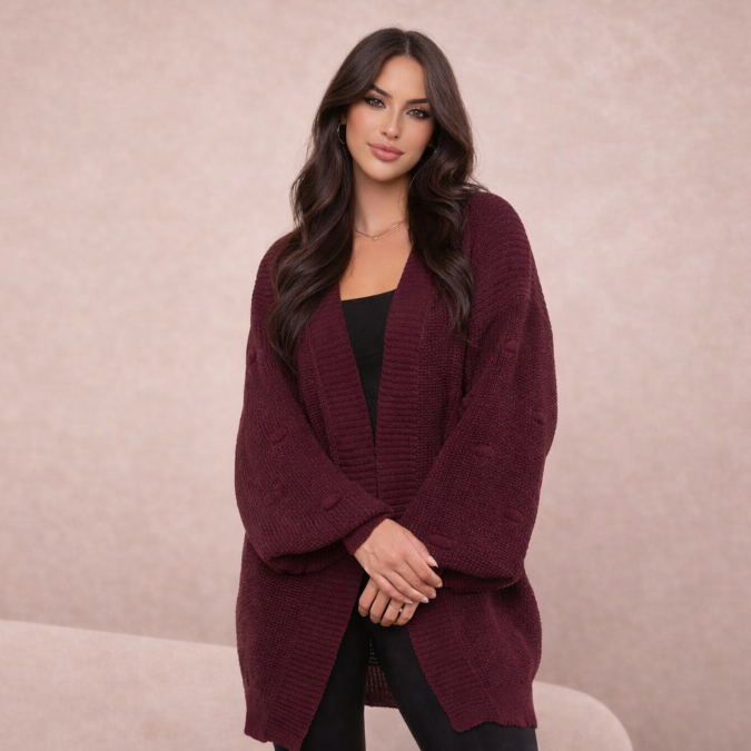 Casaco Cardigan Kimono Feminino Ponto Fang Aberto Tricot De inverno Manga Bufante Com Bolinhas