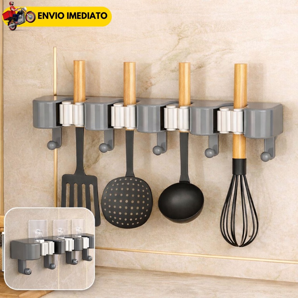 Suporte Multiuso Adesivo para Utensílios e Vassoura Organizador de Cozinha e Lavanderia Sem Furo Porta Talheres em Oferta na Shopee