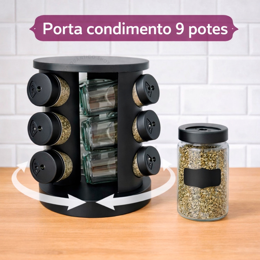 Porta Temperos 9 Potes Com Etiqueta Giratório Potes Vidro com Tampa Dosadora Condimentos Premium em Oferta na Shopee
