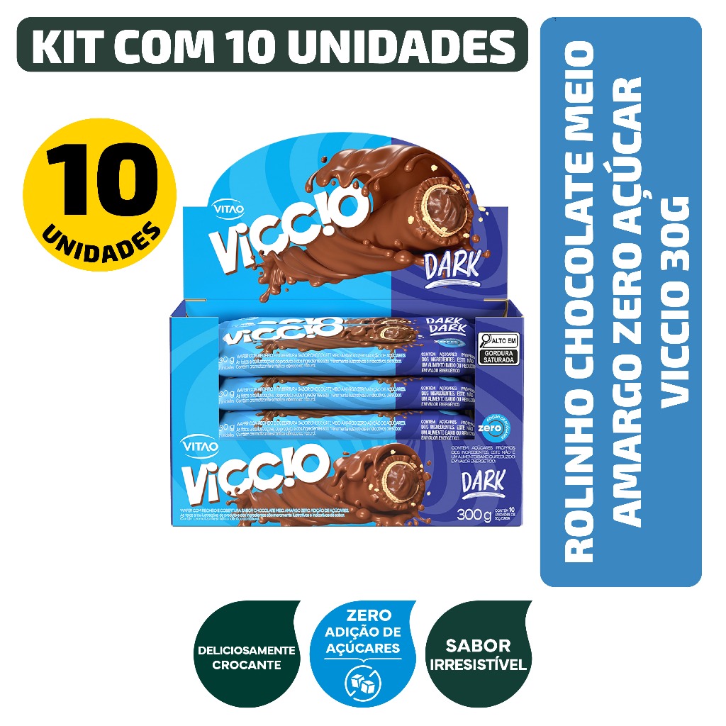 Kit Rolinho Chocolate Meio Amargo Zero Açúcar Viccio 30G - 10 Unidades