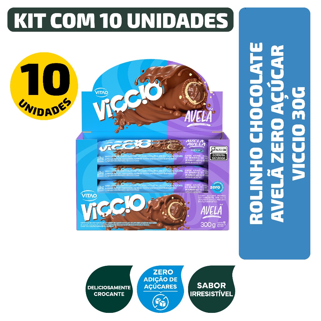 Kit Rolinho Chocolate Avelã Zero Açúcar Viccio 30G - 10 Unidades em Oferta na Shopee