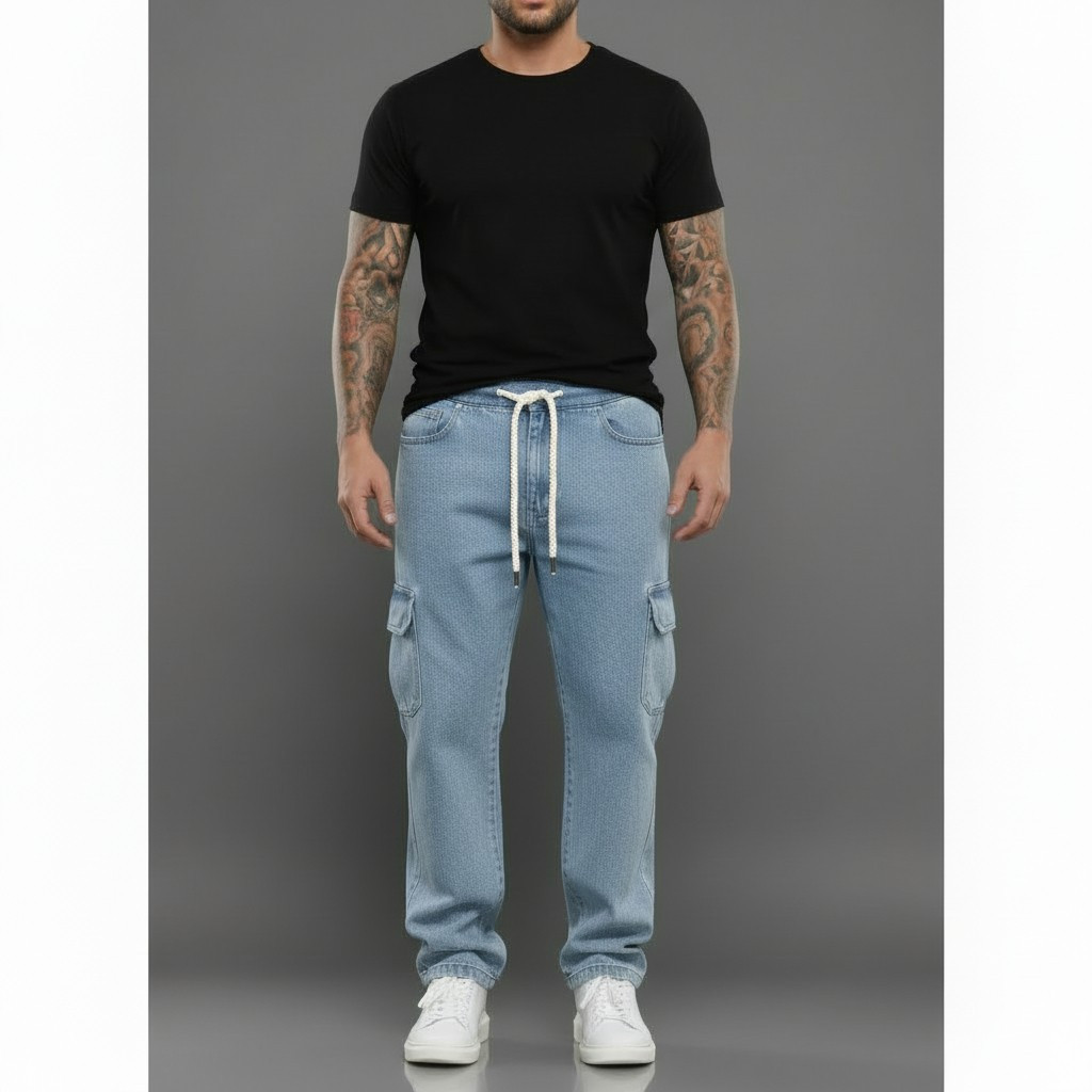 Calça Cargo Jeans Baggy com Bolso Lateral Masculina Streetwear