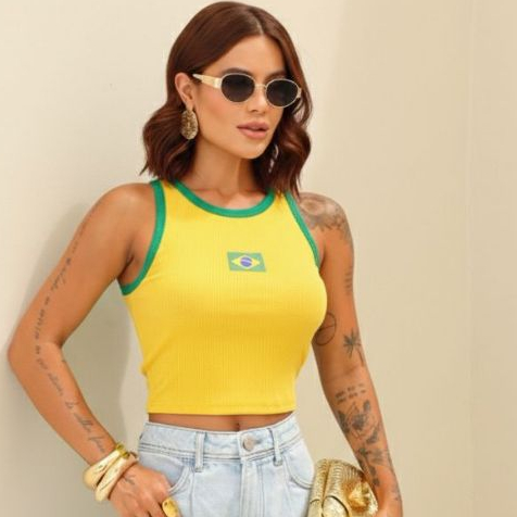 Cropped Regata Brasil Canelado  Verão Copa do Mundo em Oferta na Shopee