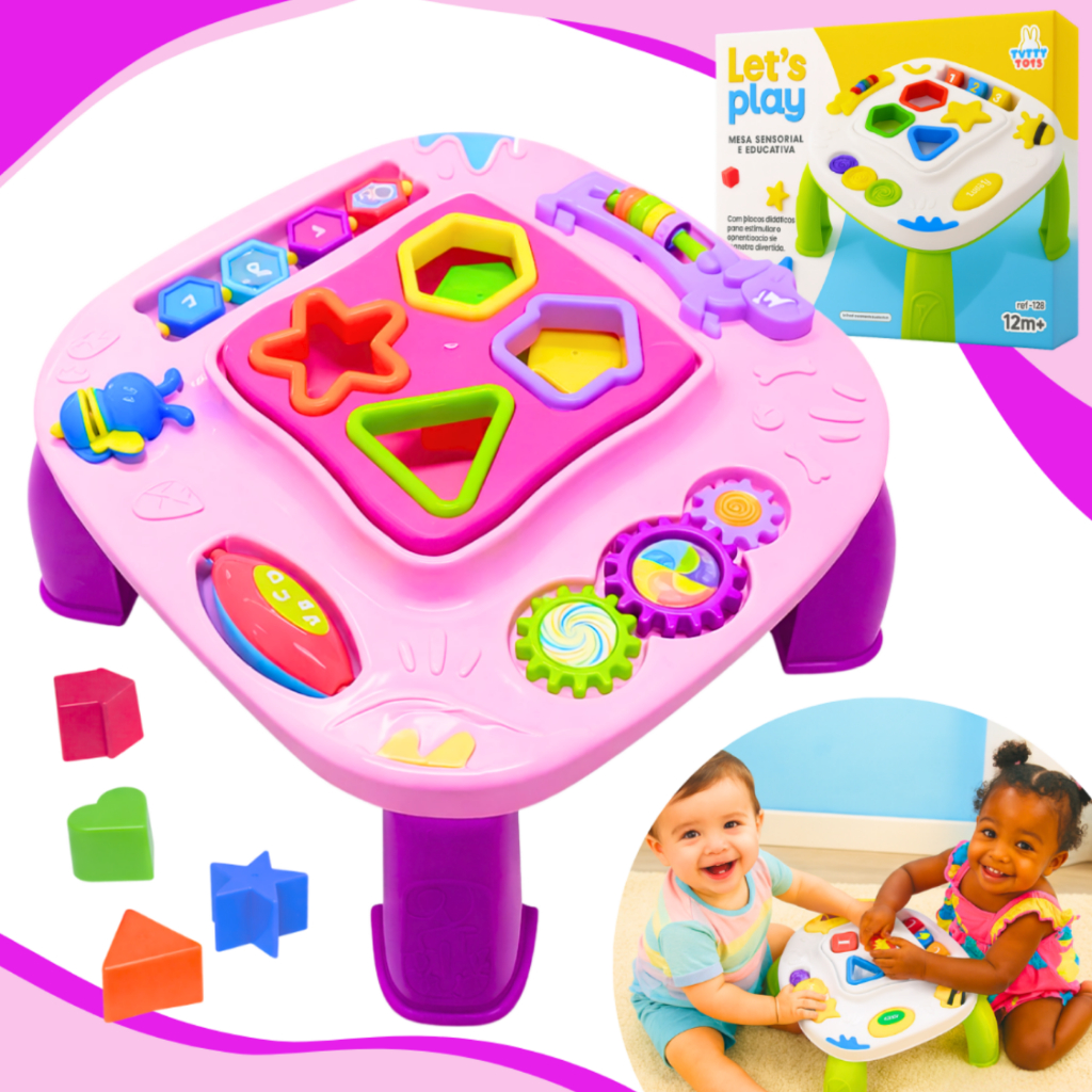 Mesinha Didática Infantil Educativa Sensorial Mesa Divertida Atividades de Encaixe Interativas Rosa