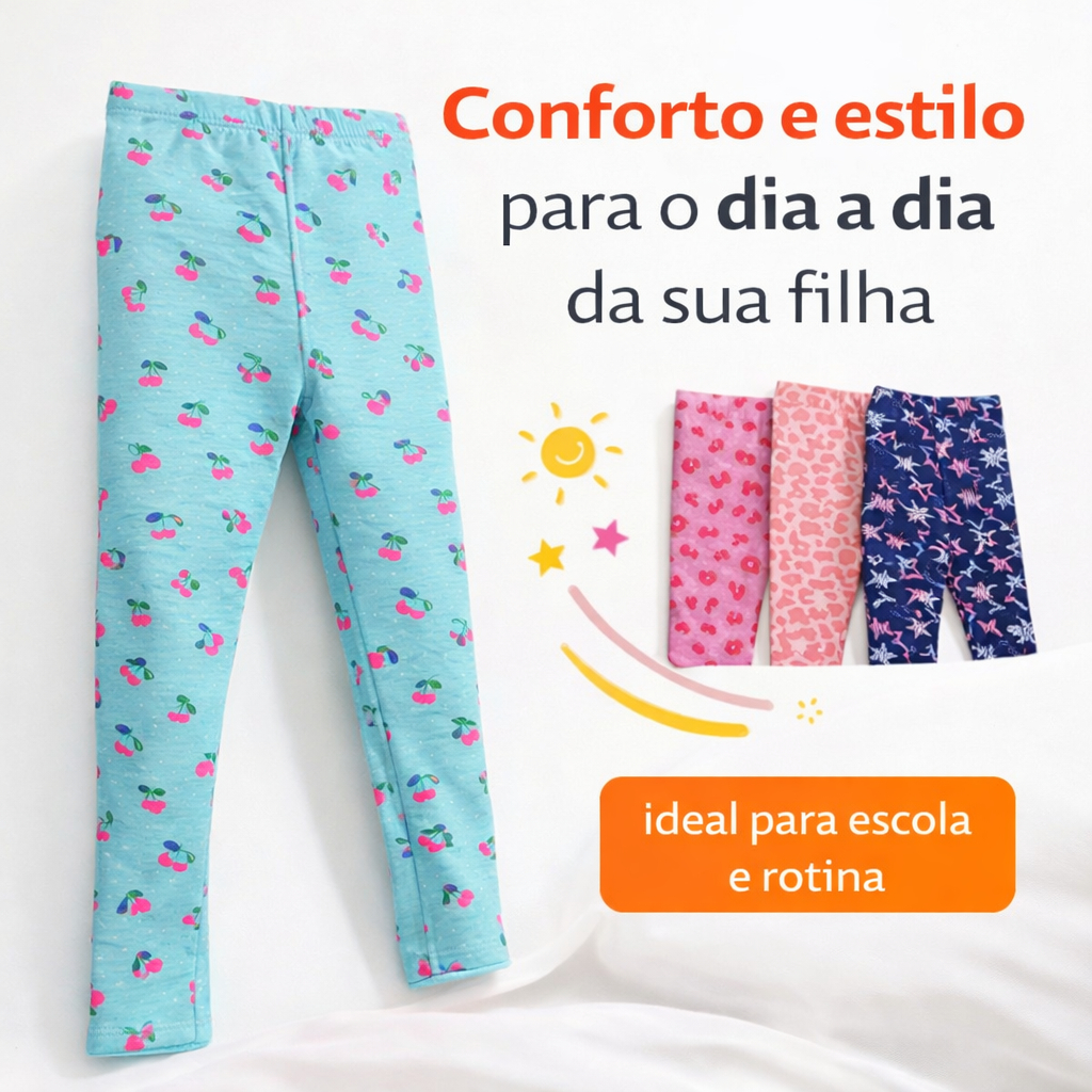 Kit 3 Calças Legging Infantil Menina Cotton Estampadas Sortidas