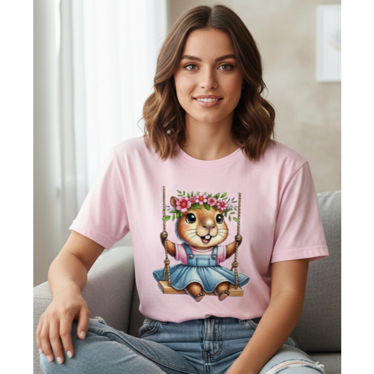 Camiseta Feminina Oversized Capivara Fofa no Balanço Estampa Cute Confortavel Estilosa Elegante