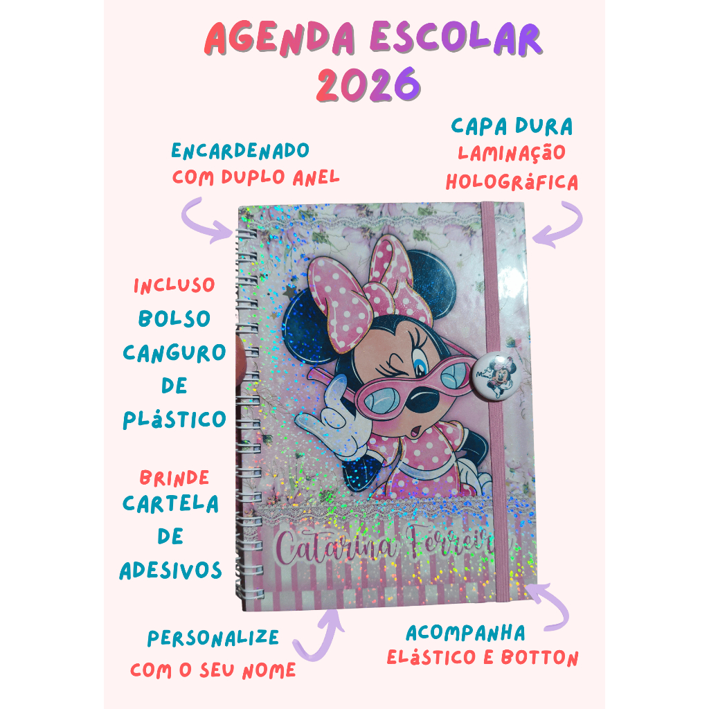 Agenda 2026  - A5 - com nome  na capa. Escolar/ Maternal/ Berçario/ Creche - com elástico e bottons - Minnie #017 em Oferta na Shopee