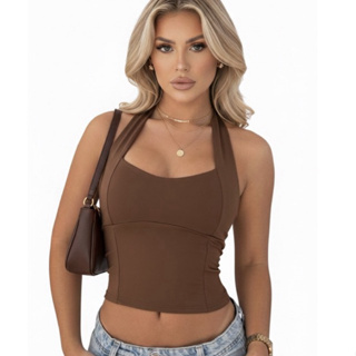 ✨ Blusa Feminina Top Halter Cropped Ajustado Decote Frente Unica Costa Nua – Casual Moda Verão 2026 ✨ em Oferta na Shopee