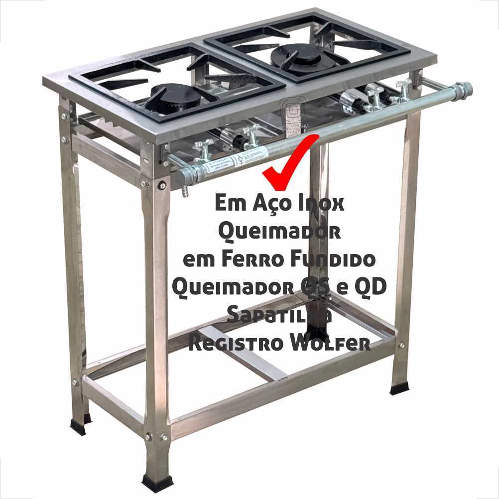 Fogão Inox Industrial 2 Duas Bocas Baixa Pressão Queimador 1QS e 1QD e Grelha em Ferro Fundido