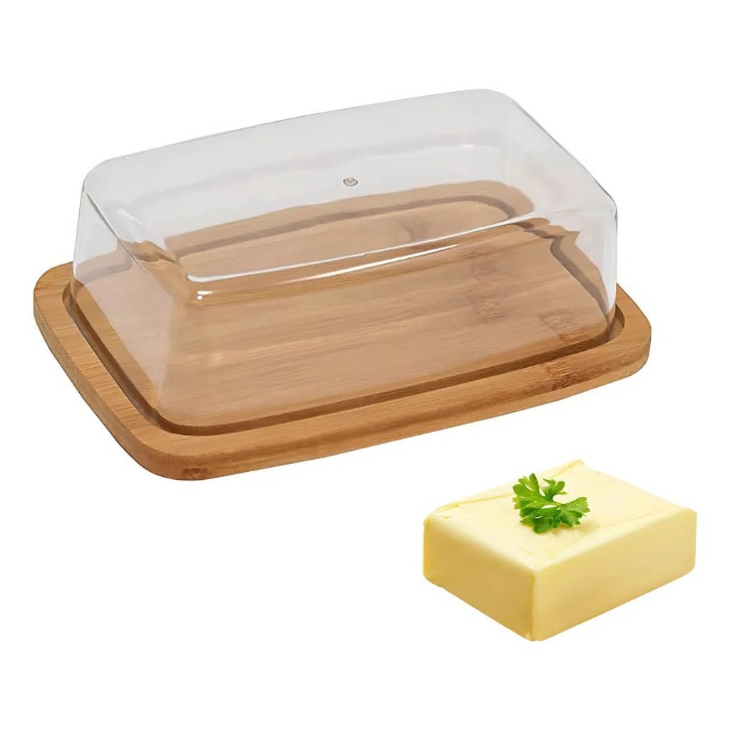 Manteigueira de Bambu Tampa Acrílica Porta Manteiga Frios 19cm