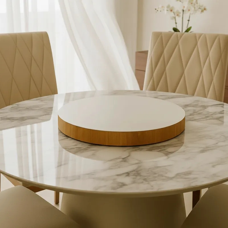 Centro De Mesa Giratório Off White 50cm Com Tampo De Vidro Base Giratória Suave Suporta Até 15kg