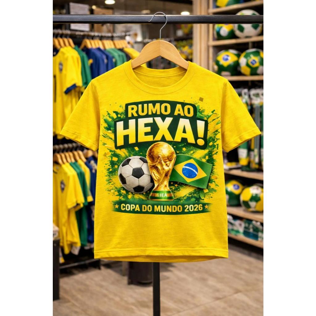 Camiseta - Camisa Infantil Brasil Copa do Mundo 2026 Unissex 100% Algodão Confortável