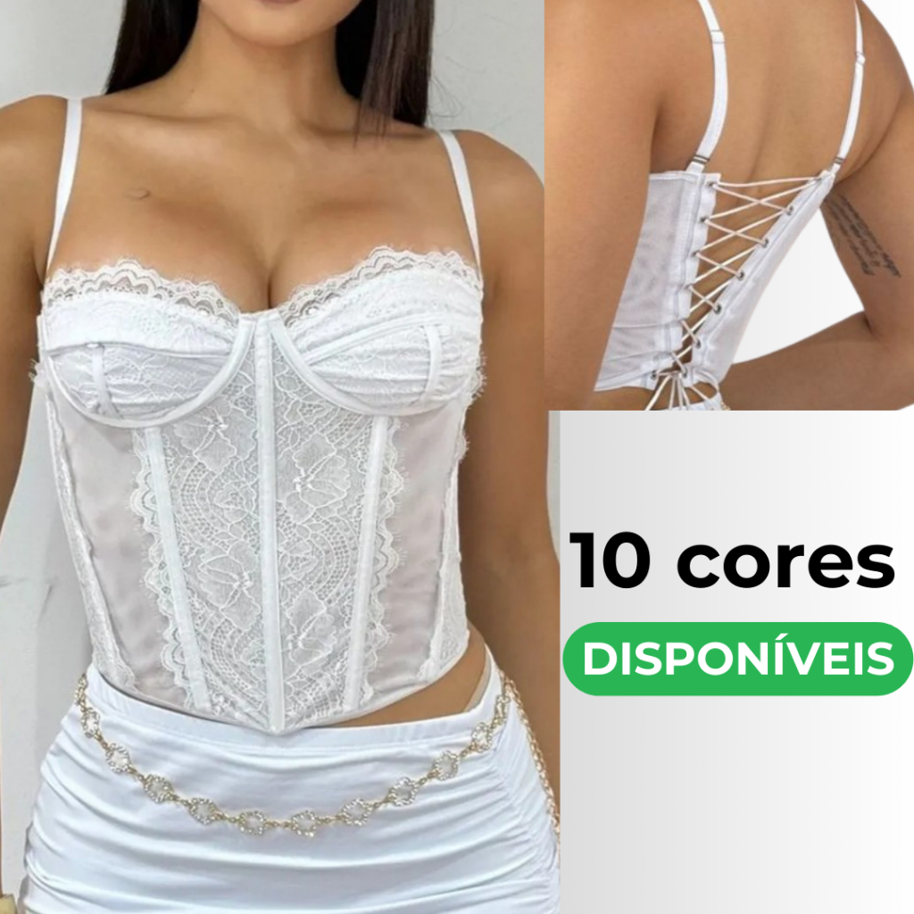 Corset Rendado Sem Bojo Tule Cinderela Aro e Alça Cropped Feminino Básico