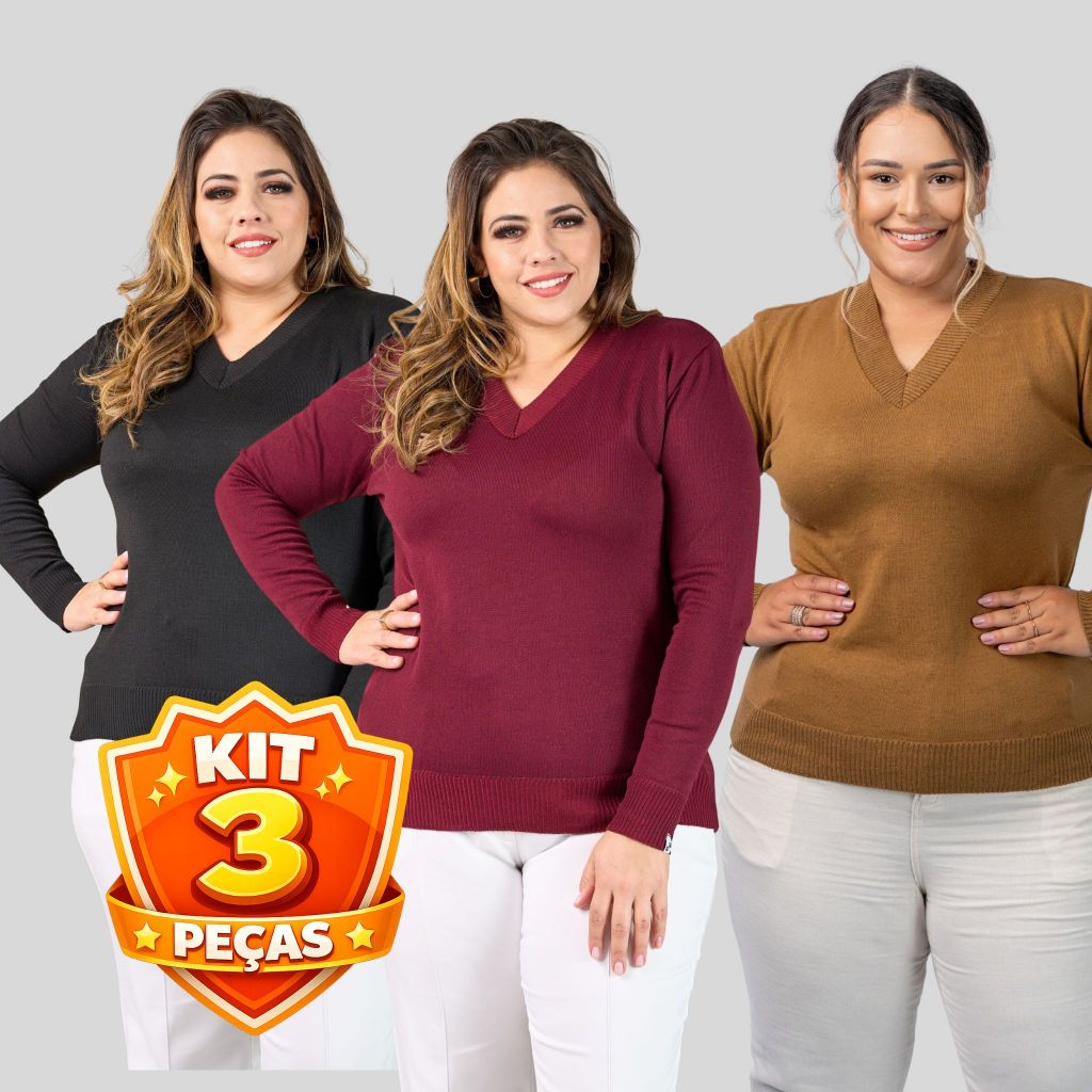 Kit 3 Blusas Plus Size Feminino Trico Inverno Decote V Elastano Premium - 100129