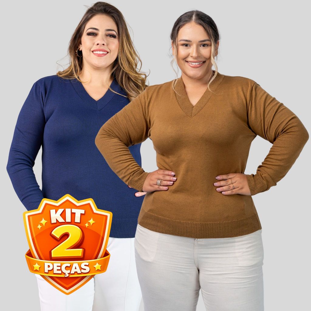 Blusa Feminina Plus Size Tricô Elastano Inverno Decote V Premium Kit 2 - 100128