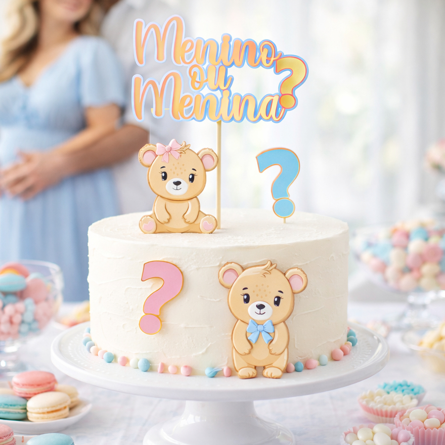 (ENVIO RÁPIDO) Topo de Bolo Chá Revelação Ursinhos Personalizado | Menino ou Menina | Decoração Chá Revelação