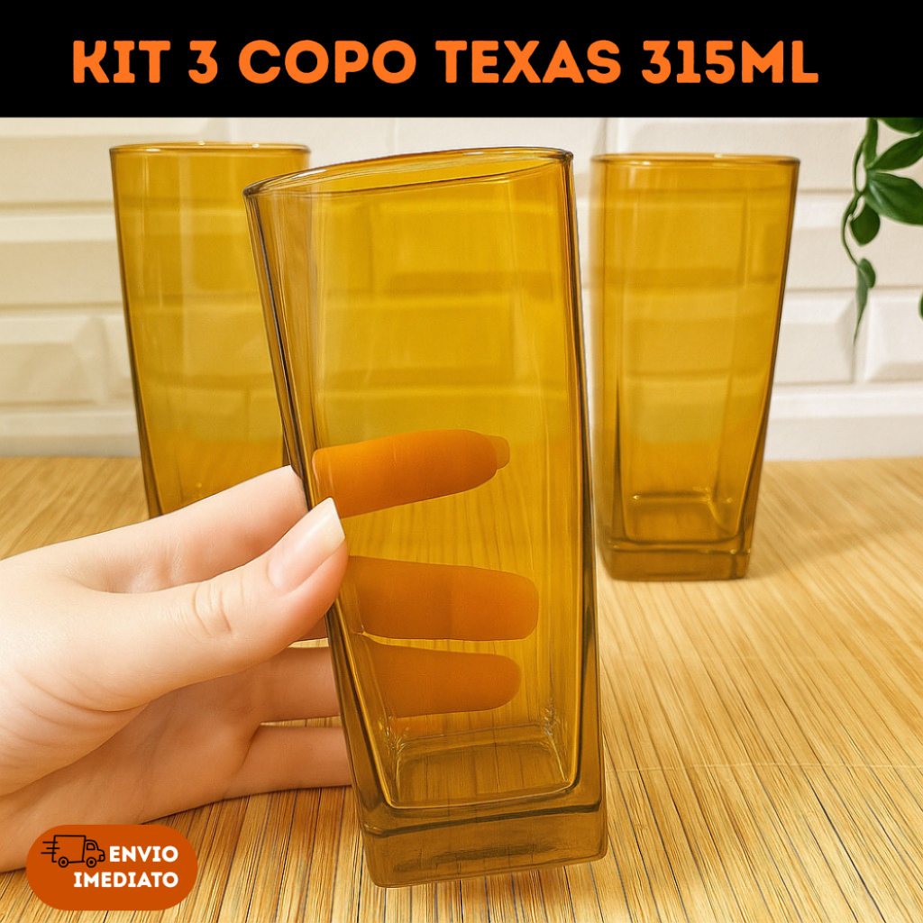 Copo Texas 315ml – Kit com 3 Unidades em Vidro Resistente para Água, Suco e Drinks
