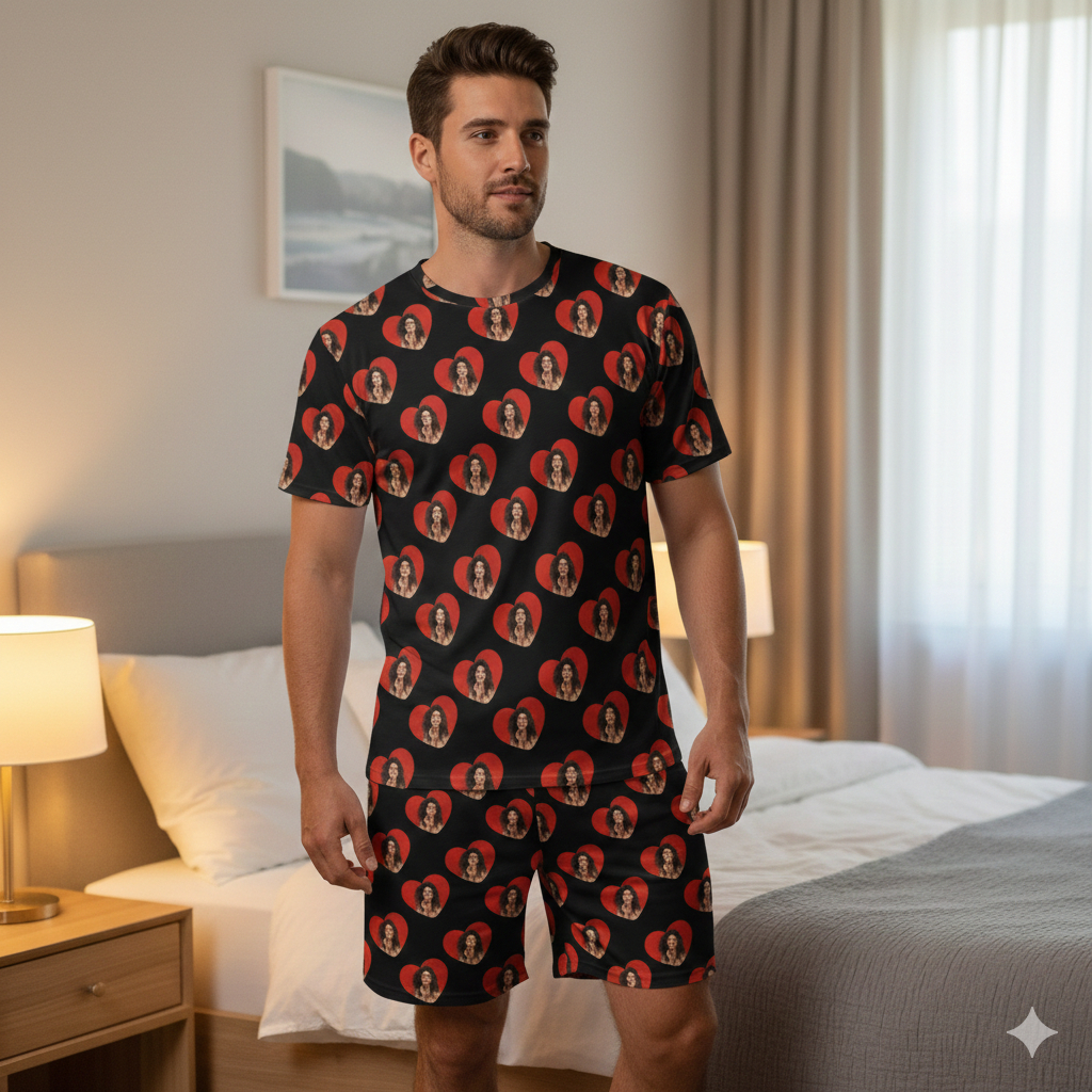 Pijama Masculino personalizado com foto dentro do coração