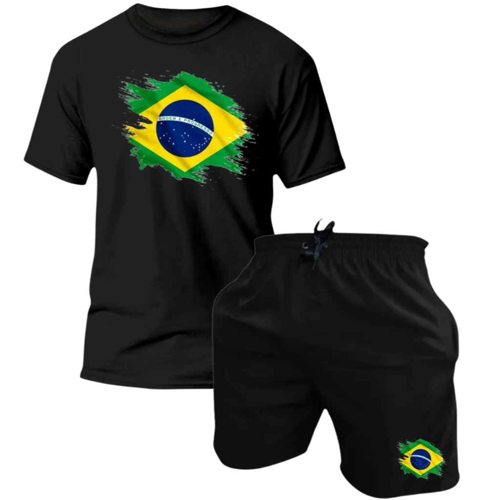 Kit Camiseta + Short Tactel Masculino Camisa e Bermuda Seleção