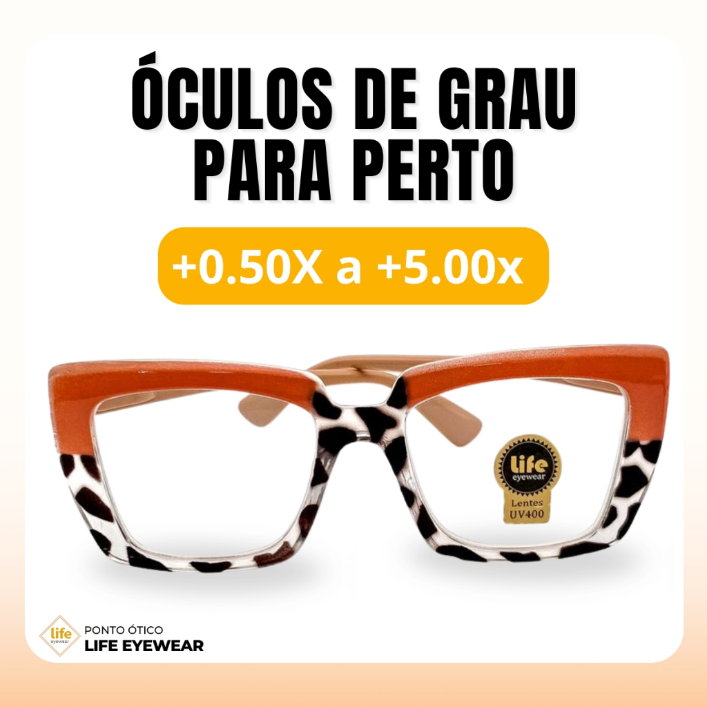 Óculos Quadrado Marília Grau +0,50 a +5,00 Feminino Leitura Hipermetropia Laranja Oncinha
