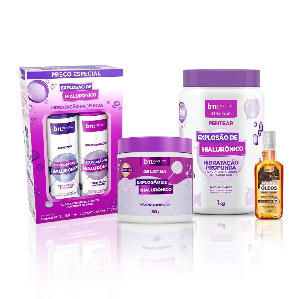 Kit Beleza Natural Trio Hialurônico + Óleo Capilar Explosão Linhaça e Algodão 55ml – bn.Cachos em Oferta na Shopee