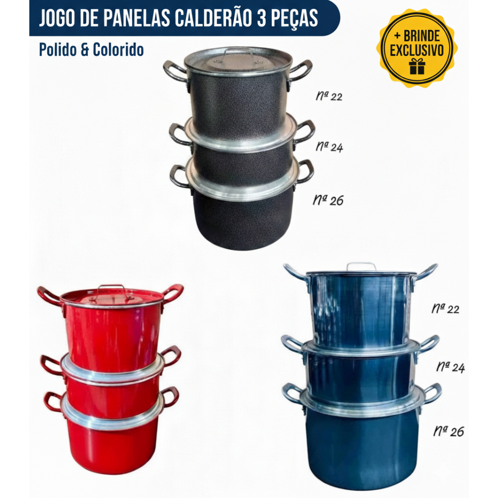 Jogo de Panelas Caldeirão Alumínio Kit 3 Peças ideal para Feijoada + Brinde