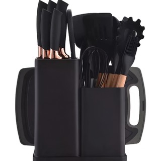 Kit Jogo Utensílios de Cozinha Luxo 19 Pçs c/ Tábua Espátula Faca Tesoura