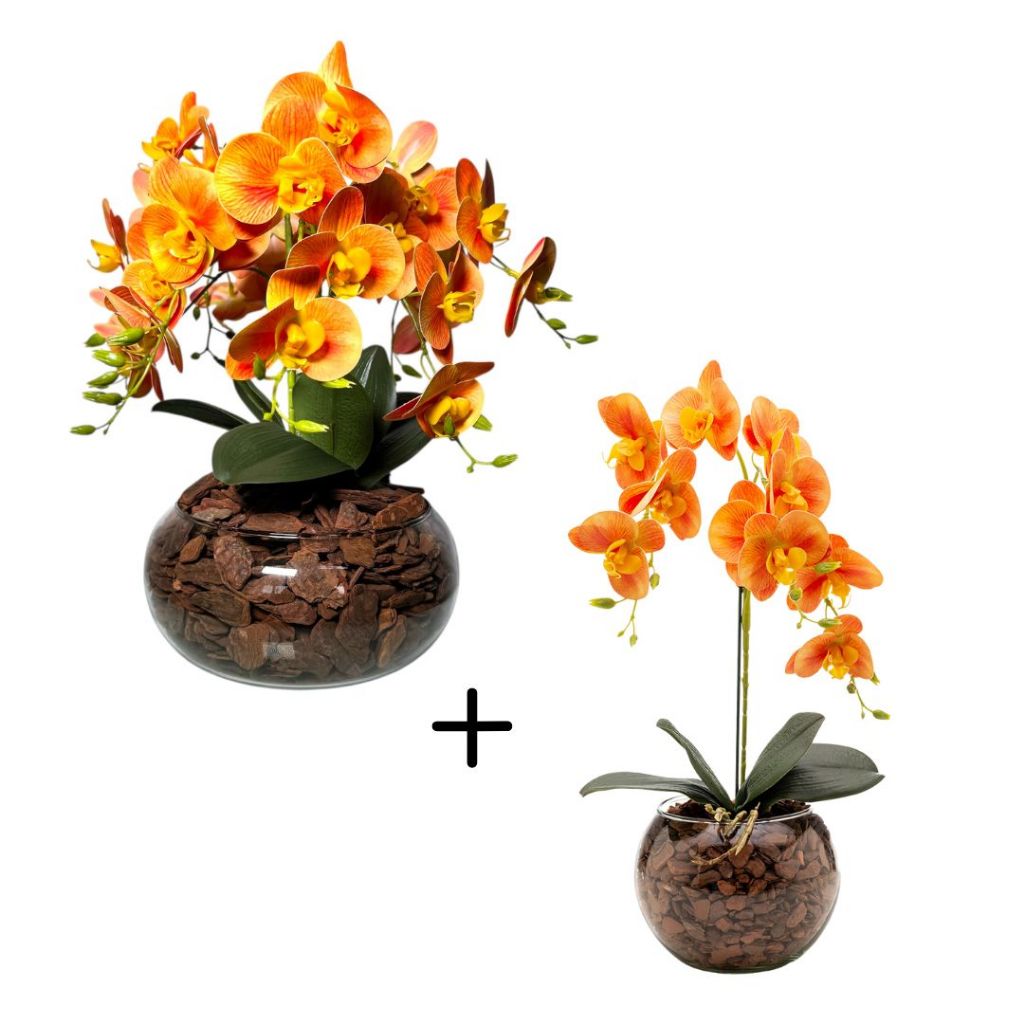 Kit 2 Arranjos Orquídea Silicone Vaso Vidro Incolor Decoração Sala Centro Mesa Casa