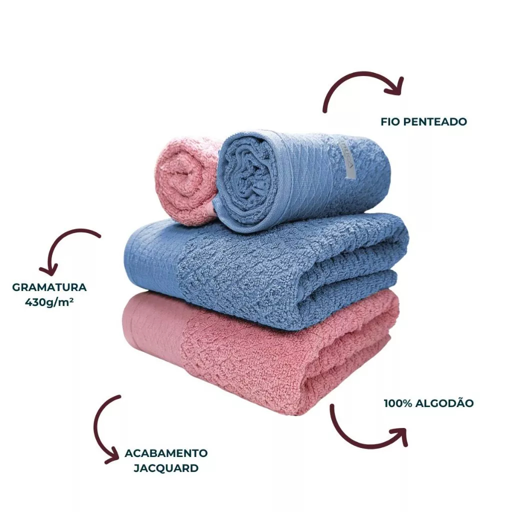 Jogo/Kit 4 Toalhas (2 Banho + Rosto) Fio Penteado 100% Algodão Macia Capri Atlântica Super Luxo