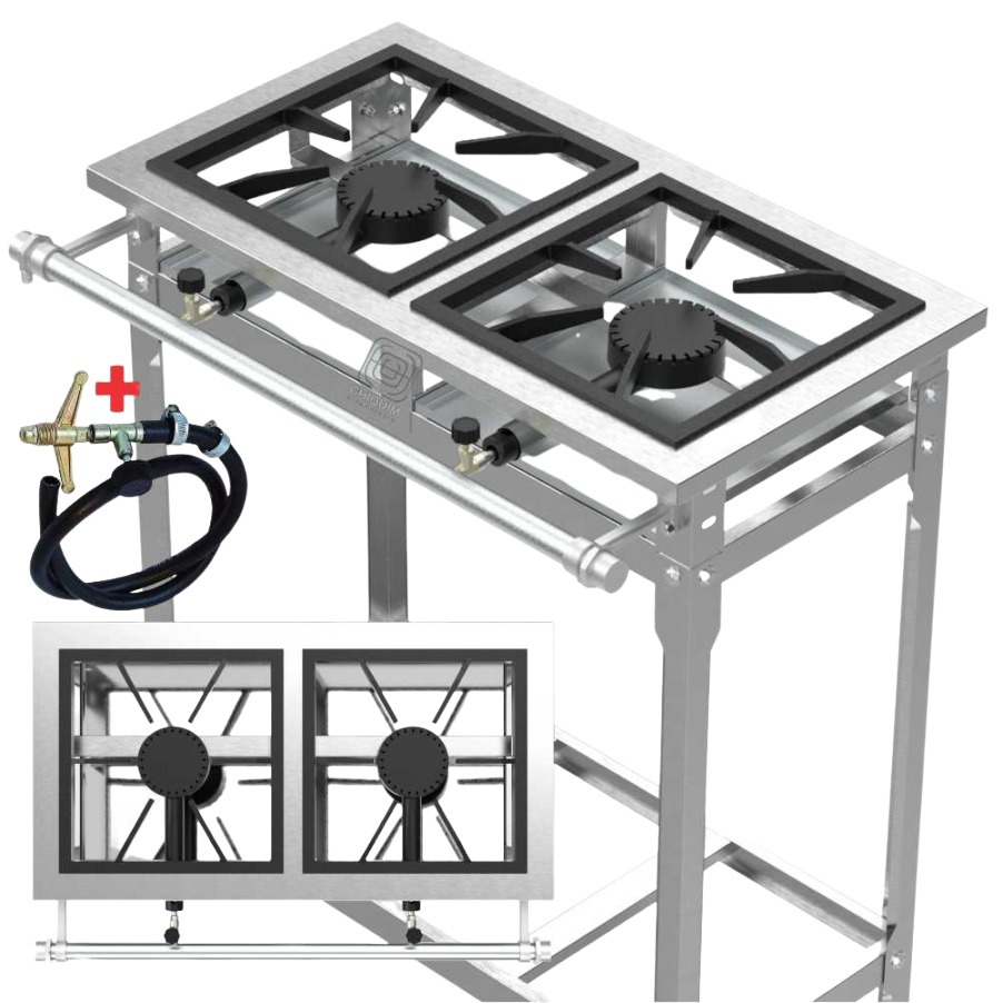 Fogão Industrial Inox 2 Duas Bocas De Alta Pressão Queimador e Grelgha em Ferro Fundido Reforçado