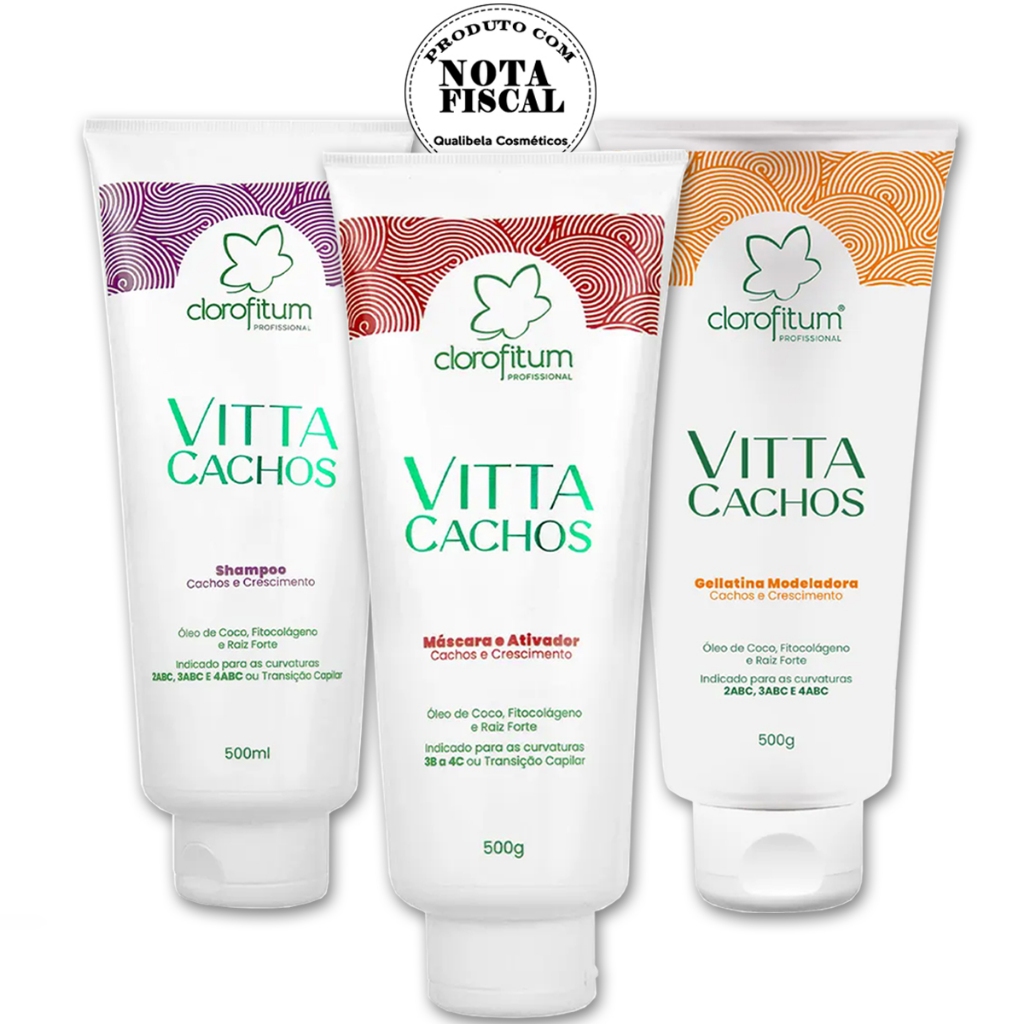 Kit Vitta Cachos Clorofitum Shampoo, Ativador, Gellatina - Cachos e Crescimento, Antifrizz, Proteção Térmica