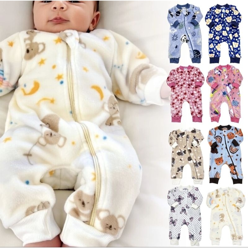 Macacão bebê frio em fleece pelucia premium estampado menino menina, maternidade, enxoval em Oferta na Shopee