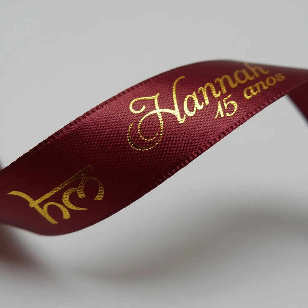 Fita de Cetim Personalizada 1,5cm 100m com Impressão Metalizada Hot Stamping para Embalagens, Laços e Lembrancinhas