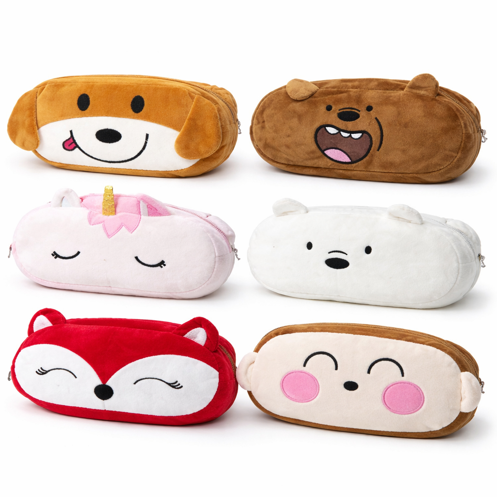 Estojo de Pelúcia Fofo Infantil Porta Lápis Maquiagem Escolar Com Zíper e Corrente