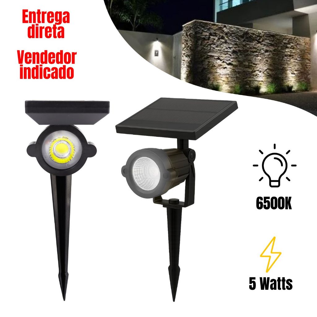Painel Solar LED 5W Branco Frio 6500K Luminária Jardim Espeto Econômica