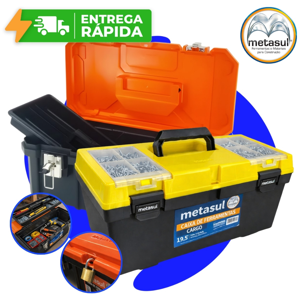 Maleta Caixa de Ferramentas Com Tampa Organizadora Cargo 19.5" Metasul Multiuso Reforçada com Bandeja Extra em Oferta na Shopee